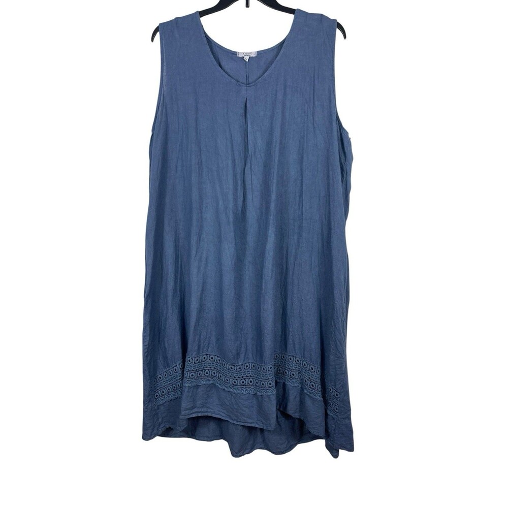 Rosemarie Italy Blue Linen Tunic Dress Eyelet Hem Lagenlook Relaxed 3X Summer